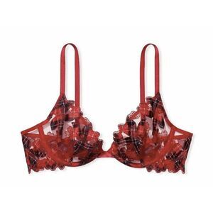 Victoria's Secret Unlined Demi Bra Sz 38D - Red Plaid Floral‎ Embroidered